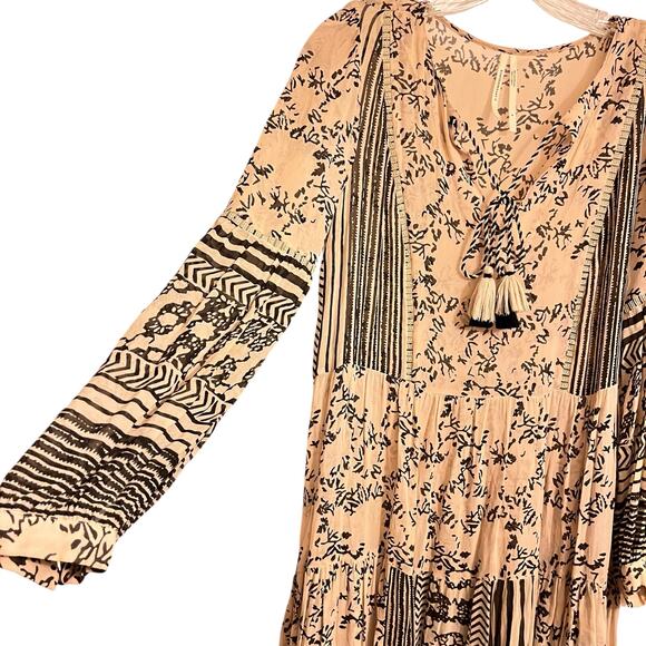 Anthropologie Talulah Tiered Boho Midi Tasseled Dress Black Cream S - Picture 5 of 10